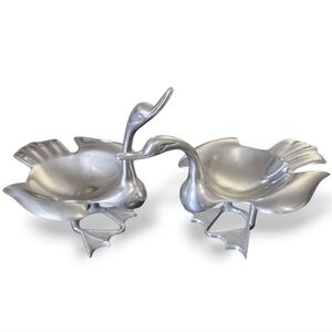 Vintage Pair of Silver-Tone Cast Aluminum Goose/Duck/Swan Trinket Bowls